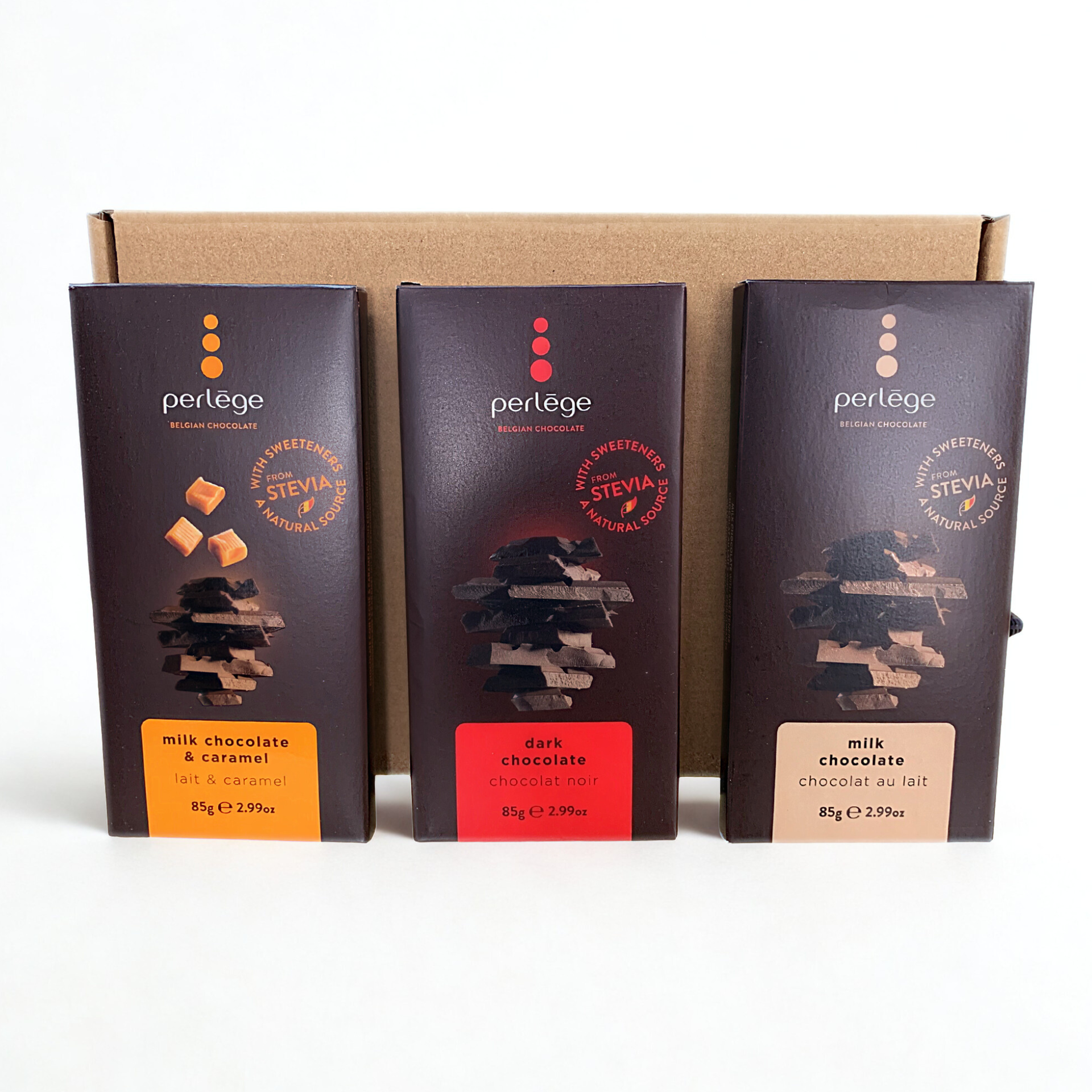 No Added Sugar Belgian Chocolate Letterbox Hamper – Perlége Trio (Milk, Dark & Caramel)