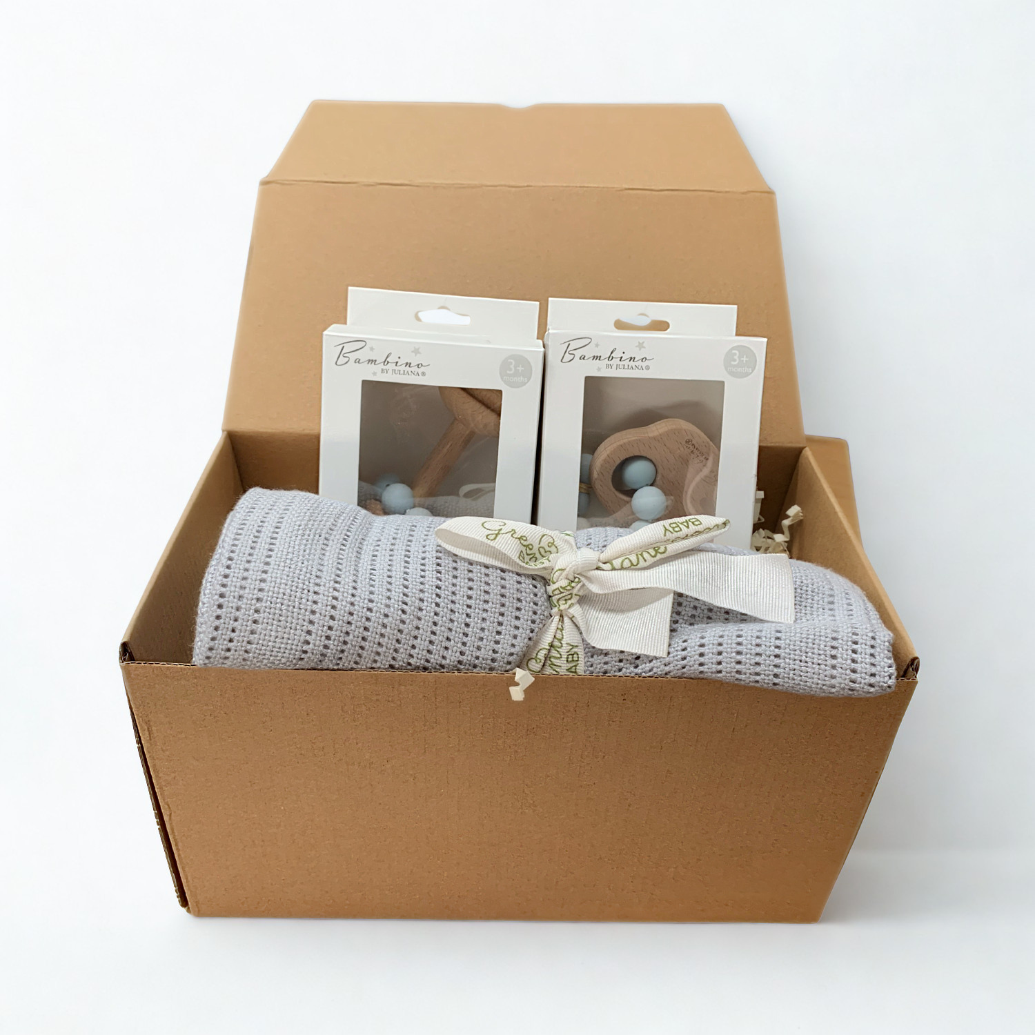 Luxury Baby Gift Hamper – Knitted Blanket, Wooden Rattle & Elephant Teether Gift Set (Blue)