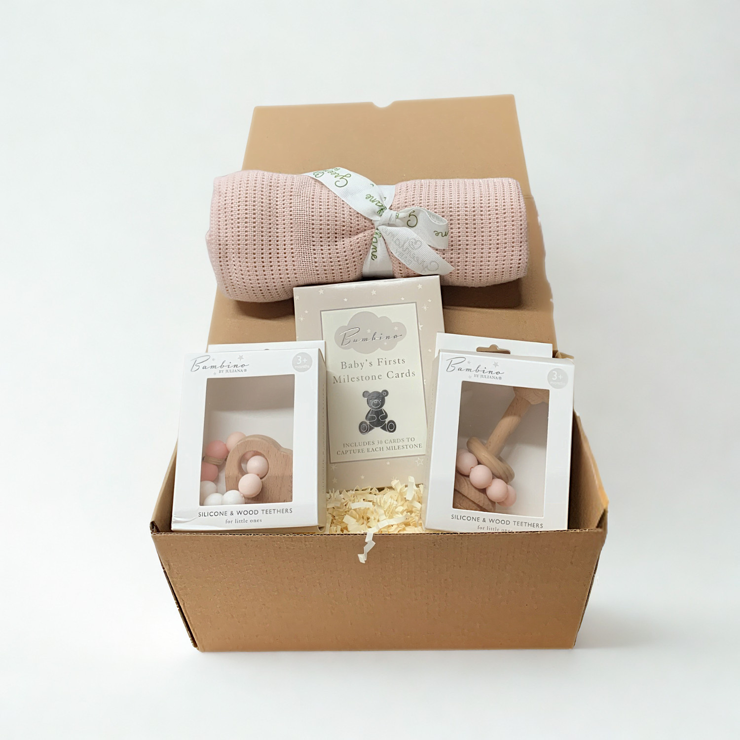 Luxury Baby Girl Gift Hamper – Knitted Blanket, Wooden Rattle, Elephant Teether & Milestone Cards Gift Set