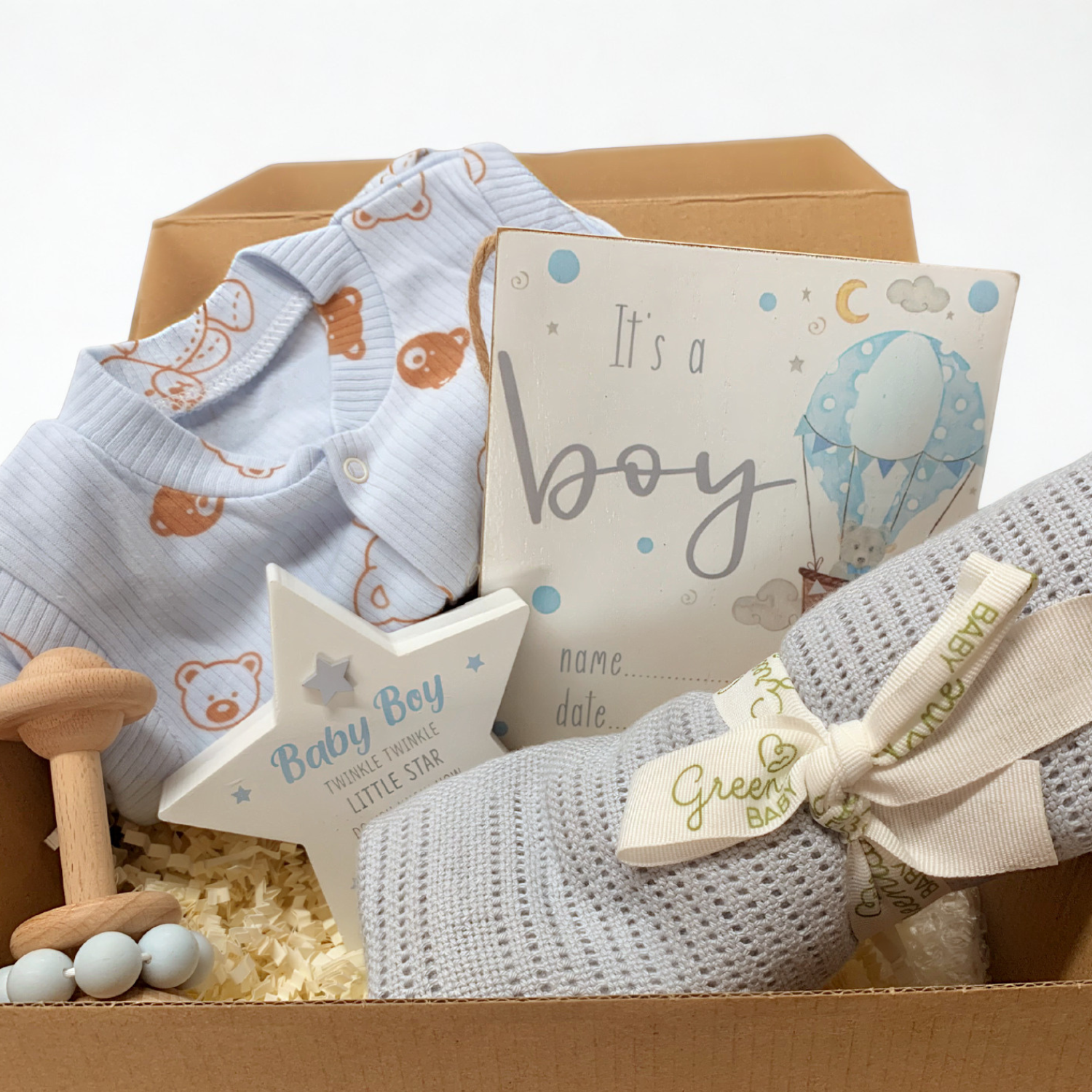 Luxury Baby Boy Gift Hamper – 0–3 Months Sleepsuit, Knitted Blanket, Rattle &amp; Keepsake Gift Set