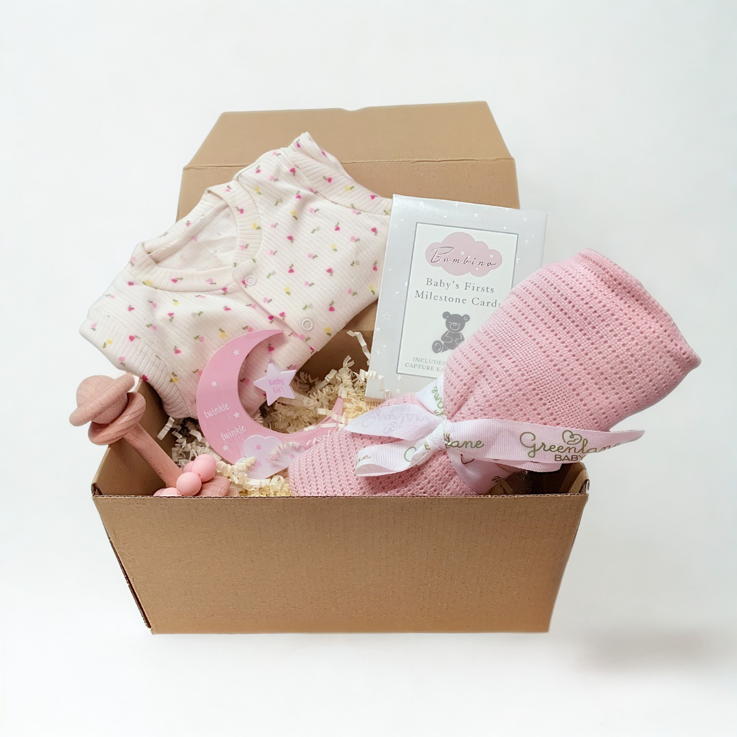 Luxury Baby Girl Gift Hamper – 0–3 Months Sleepsuit, Knitted Blanket, Rattle &amp; Milestone Cards Gift Set