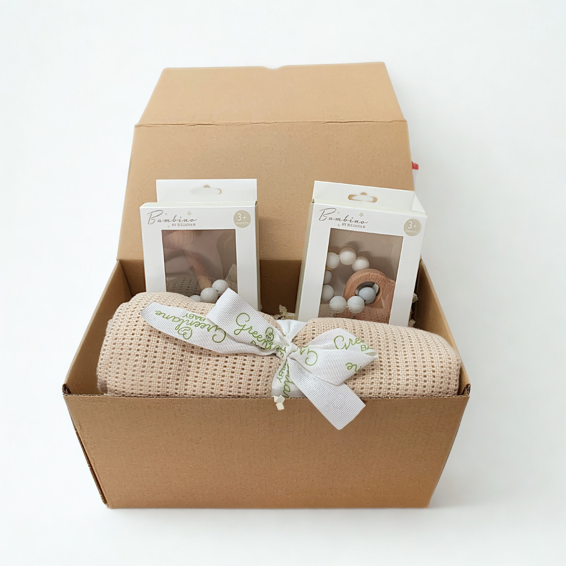Luxury Neutral Baby Gift Hamper – Knitted Blanket, Wooden Rattle &amp; Elephant Teether Gift Set