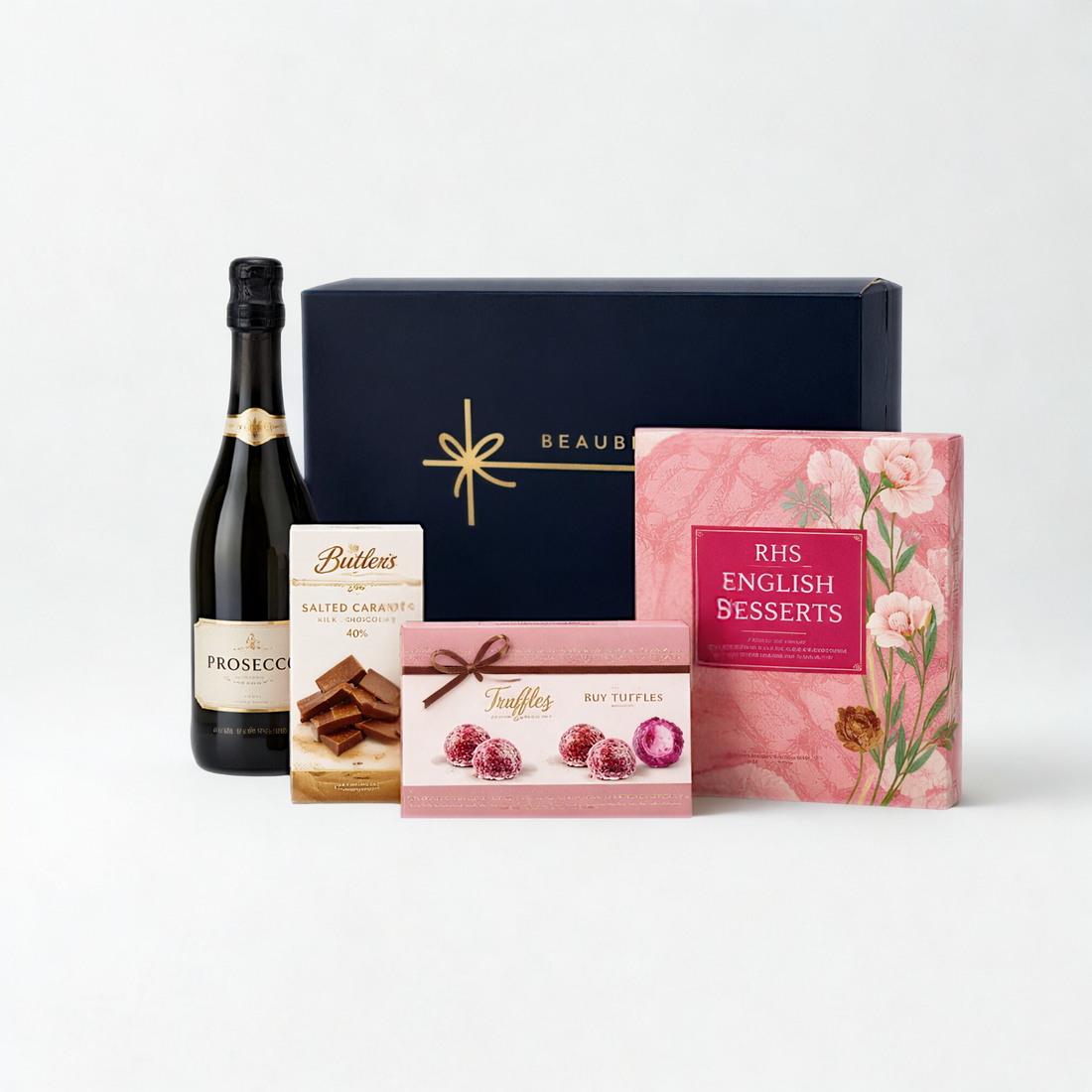 Luxury Chocolate &amp; Prosecco Gift Hamper – RHS English Desserts, Ruby Truffles &amp; Salted Caramel Chocolate