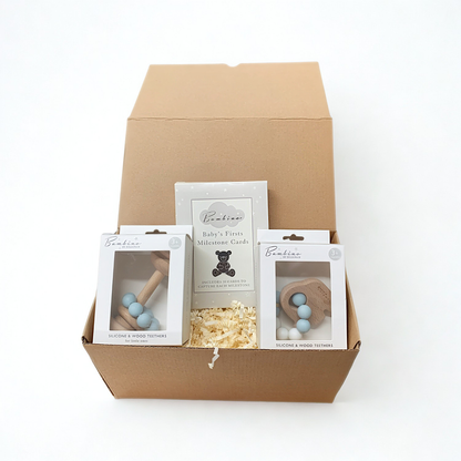 Blue Baby Gift Set - Wooden Rattle, Elephant Teether &amp; Milestone Cards Gift Box