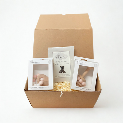 Baby Teething Gift Set – Pink Silicone &amp; Wood Teethers with Milestone Cards Gift Box