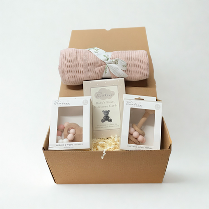 Luxury Baby Girl Gift Hamper – Knitted Blanket, Wooden Rattle, Elephant Teether &amp; Milestone Cards Gift Set