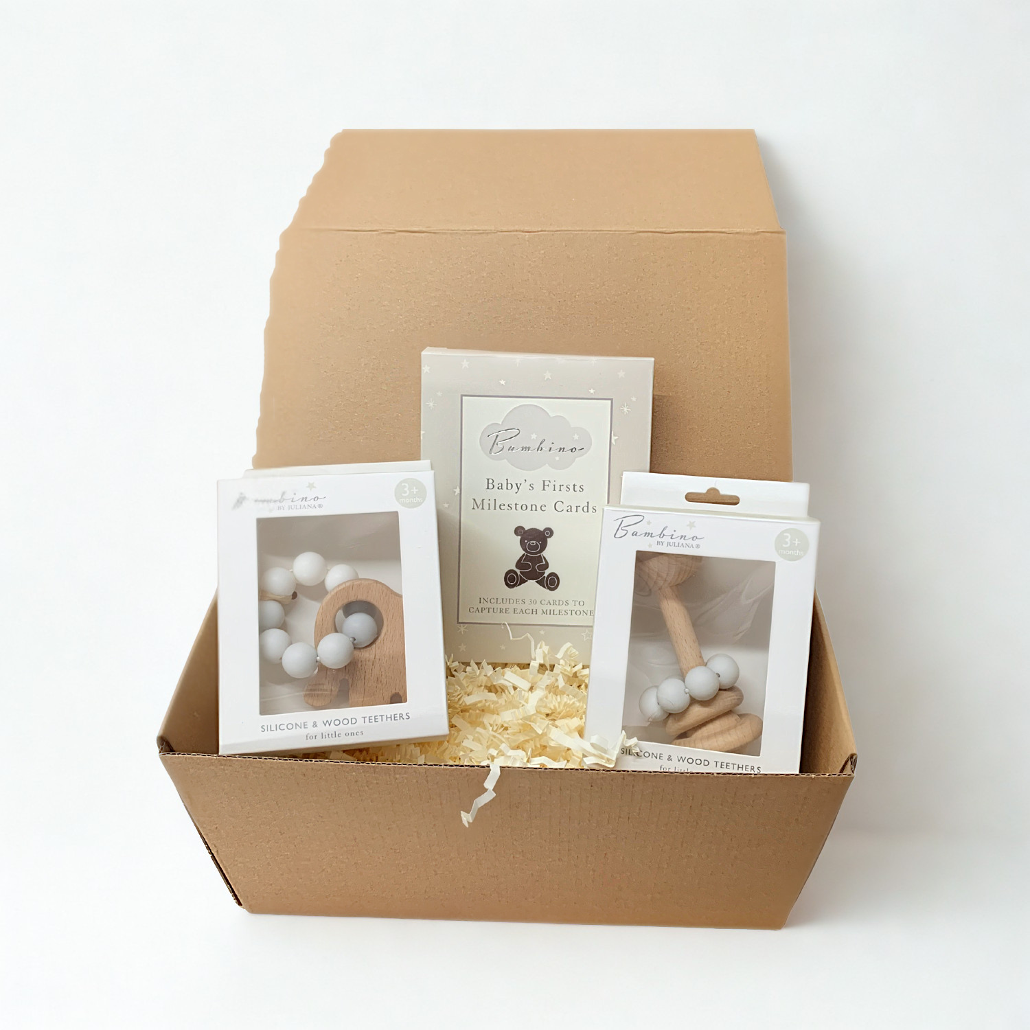 Neutral Baby Gift Set – Wooden Rattle, Elephant Teether &amp; Milestone Cards Gift Box