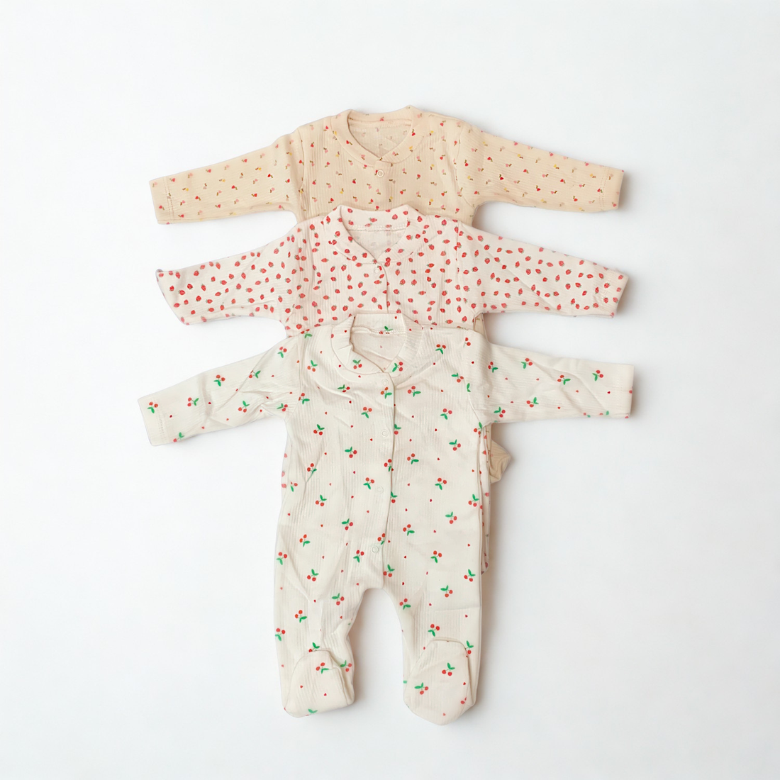 3 Pack Baby Sleepsuits – Soft Cotton Long Sleeve Rompers with Cherry &amp; Strawberry Prints