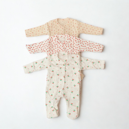3 Pack Baby Sleepsuits – Soft Cotton Long Sleeve Rompers with Cherry &amp; Strawberry Prints