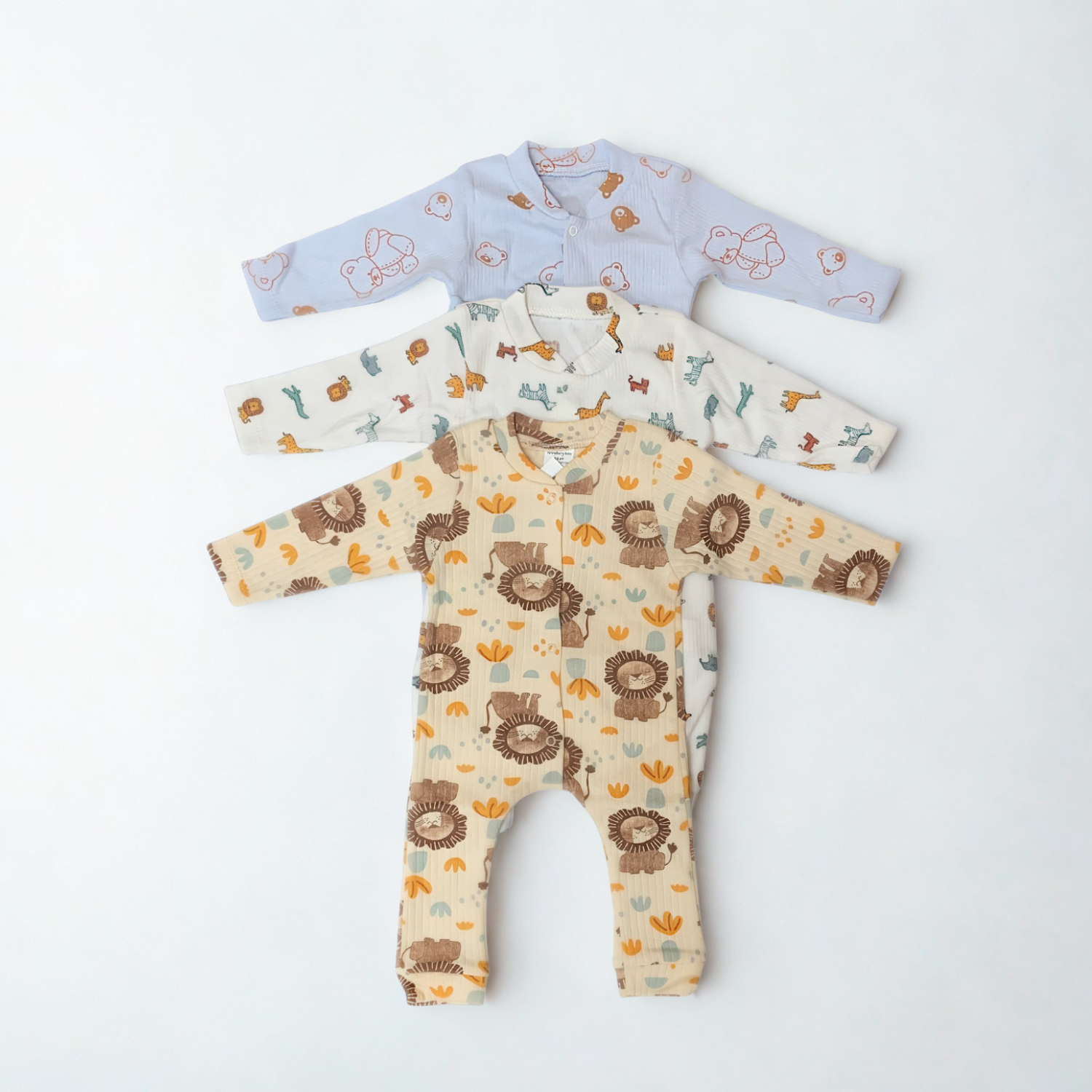 3 Pack Baby Sleepsuits – Soft Cotton Long Sleeve Rompers with Lion, Safari &amp; Teddy Prints